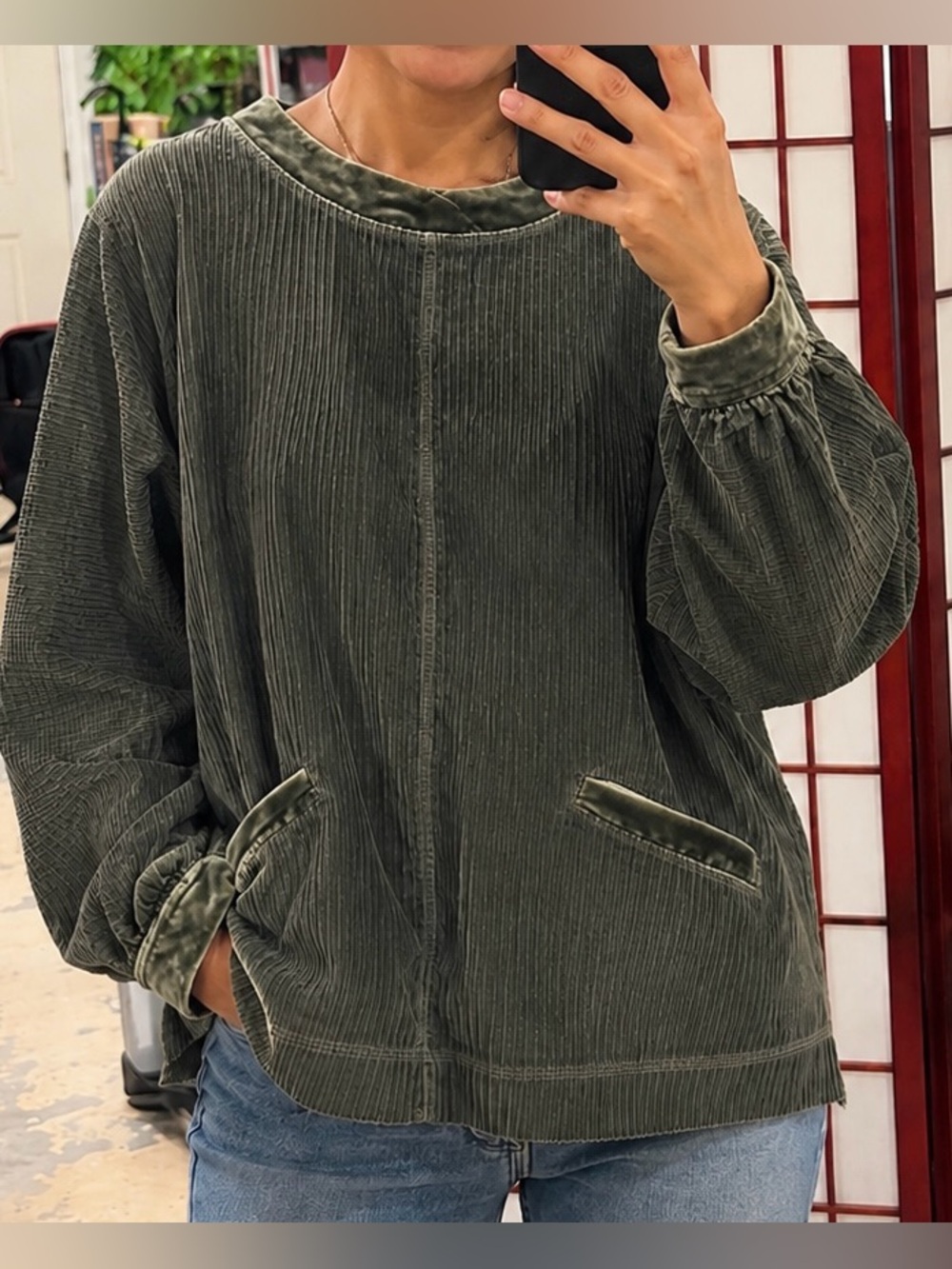 Denim & Co Corduroy Pullover Top Olive Green Size Small Oversized